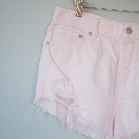 Free People Light Pink Distressed Button Fly Denim Shorts - Picture 12 of 13